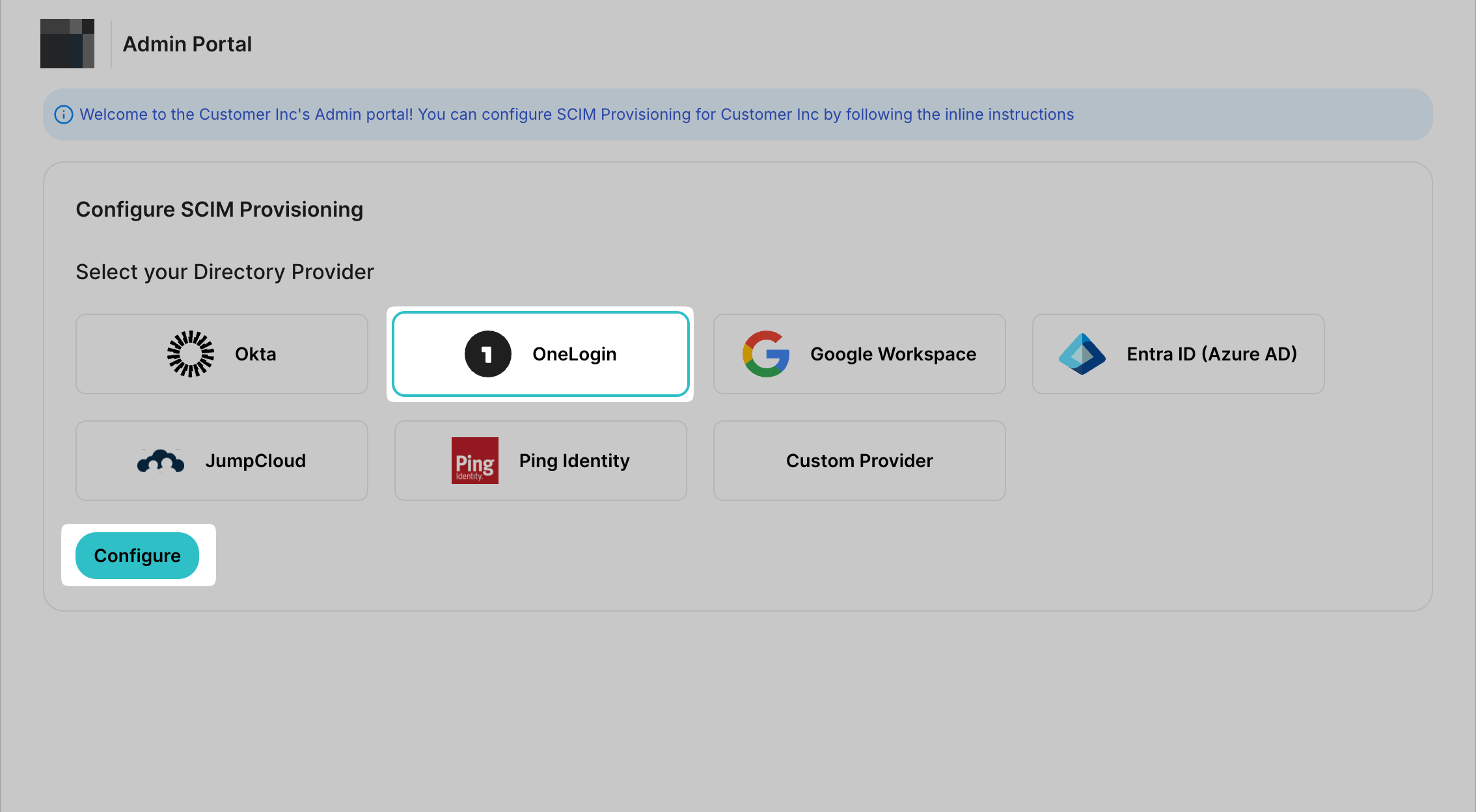 Setting up Directory Sync in the admin portal of an app being onboarded: OneLogin selected as the provider, awaiting configuration