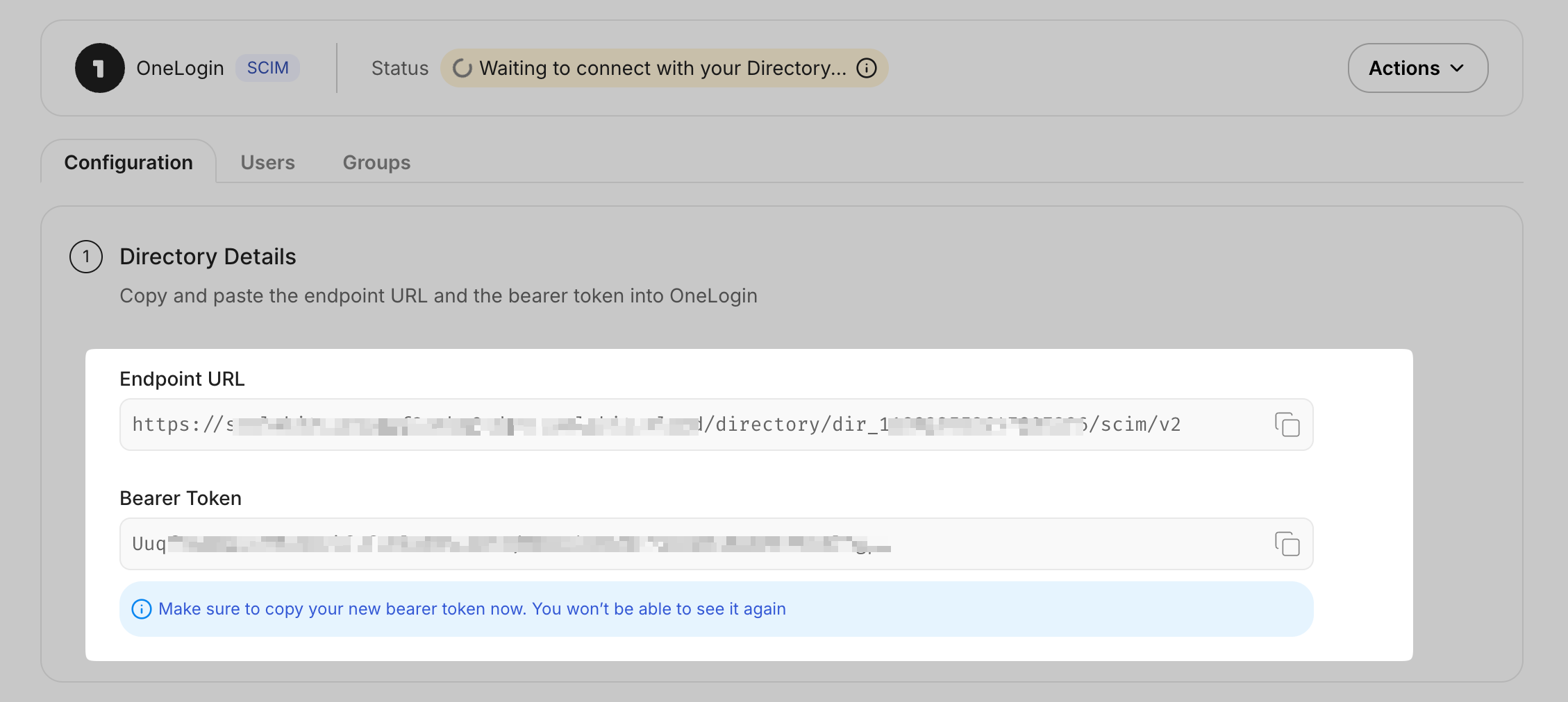 OneLogin directory sync setup: Endpoint URL and one-time visible bearer token provided
