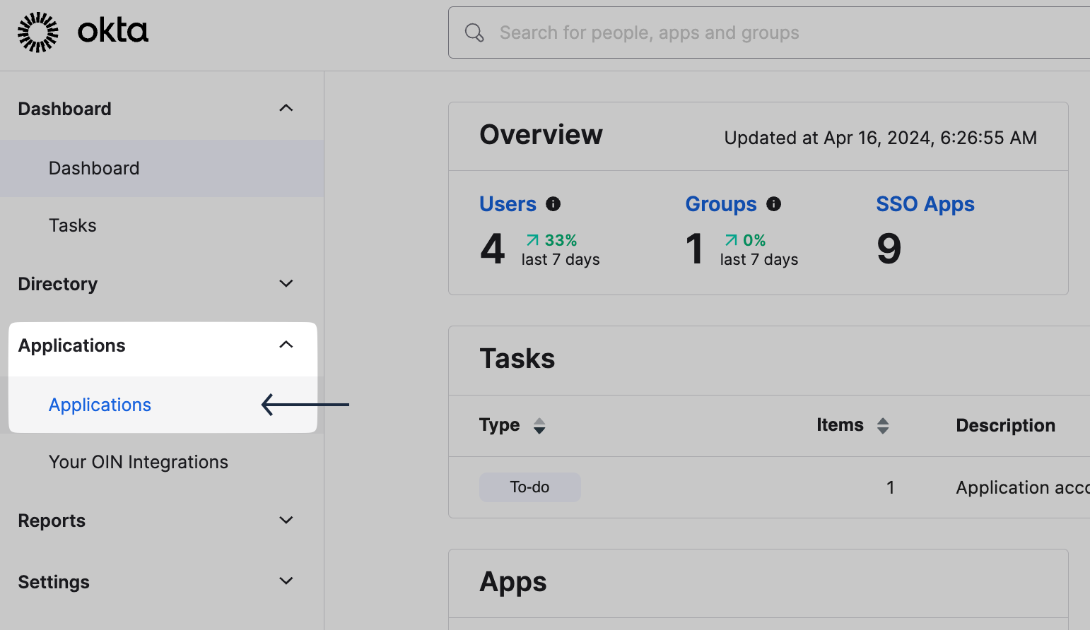 Okta Admin Console with the Applications menu item highlighted
