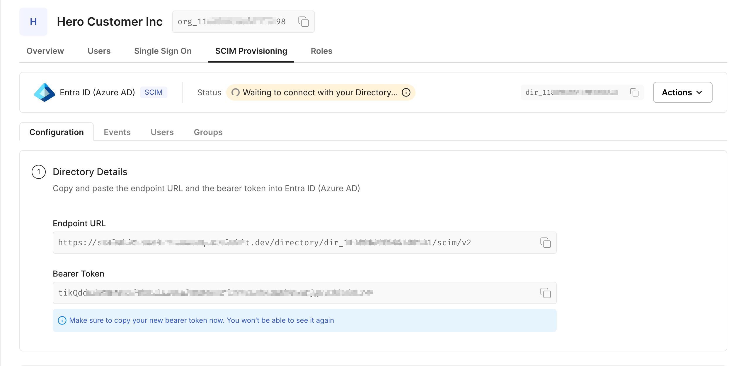 Endpoint URL and Bearer token for your organization.
