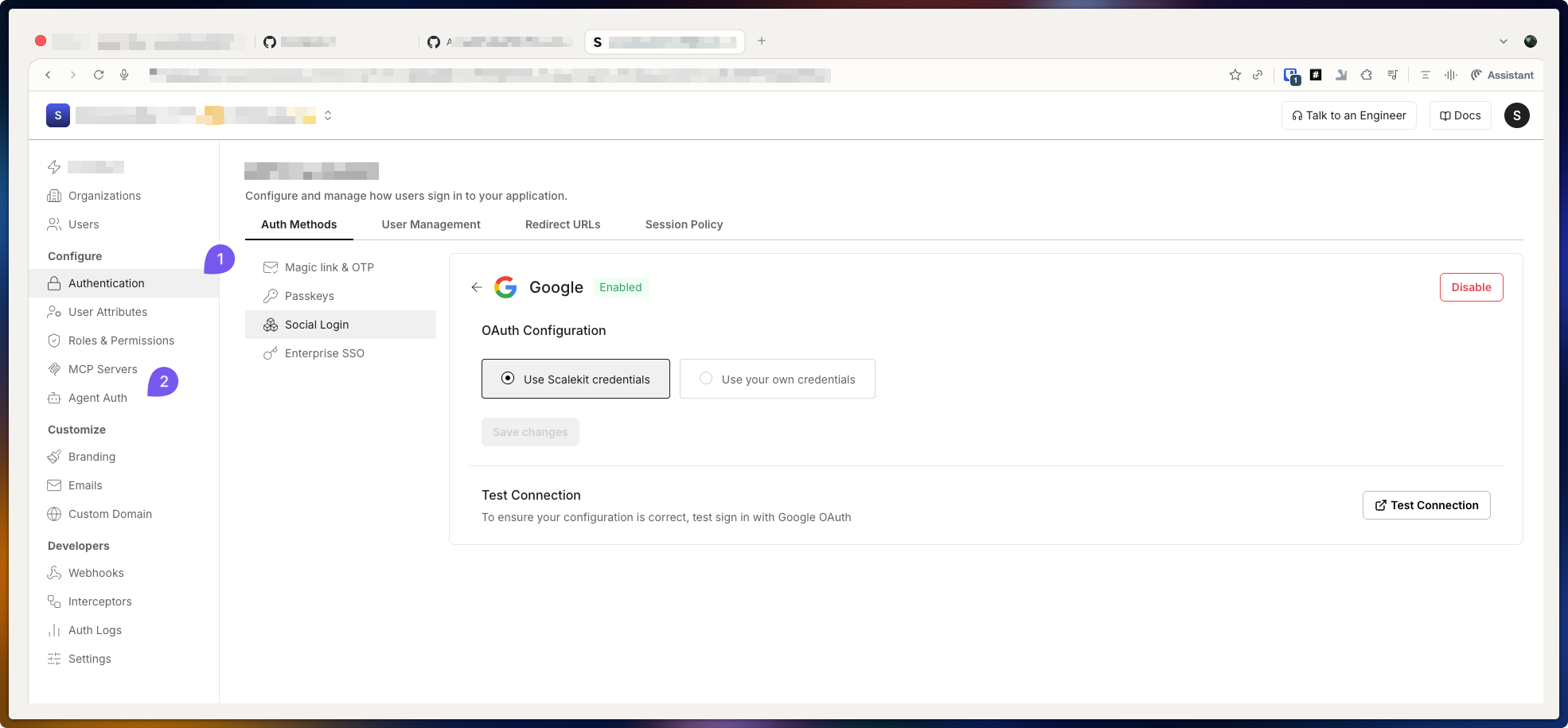 Scalekit dashboard Social Login settings for Google with "Use Scalekit credentials" selected under OAuth Configuration