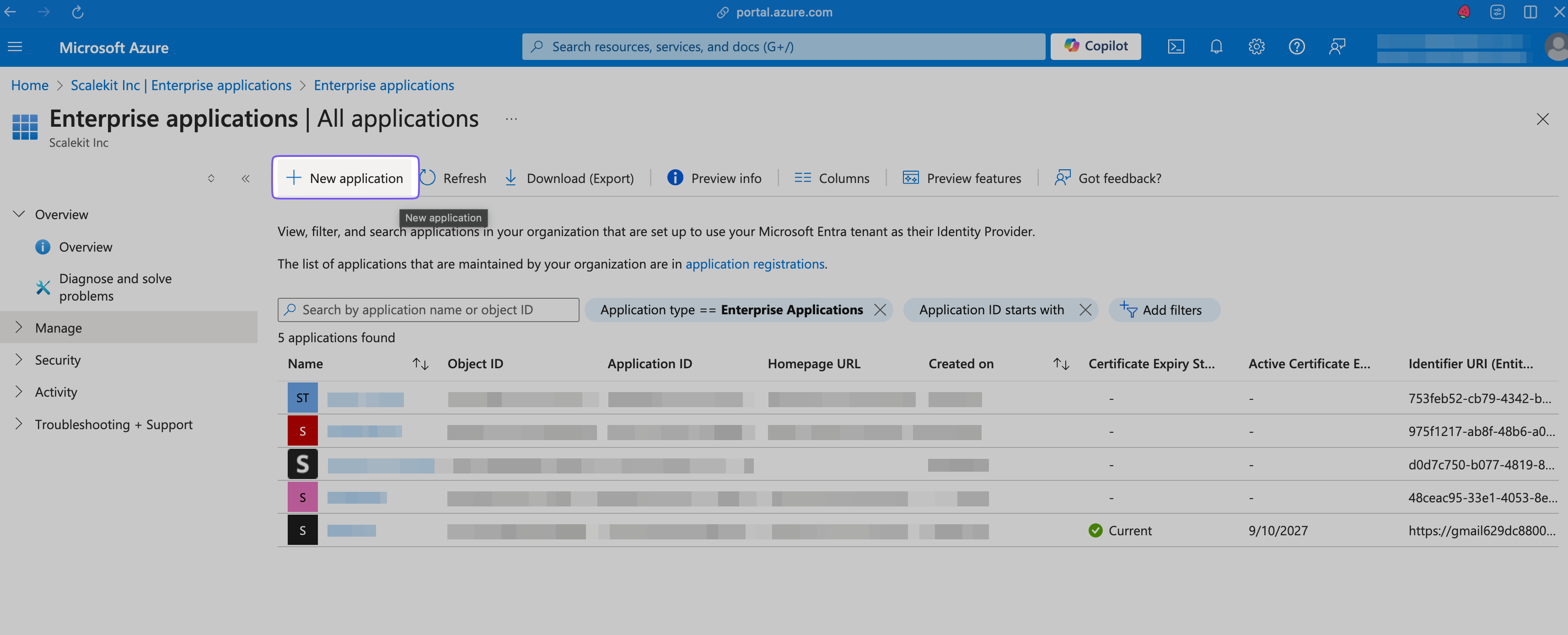 Adding a new application in Microsoft Entra ID.