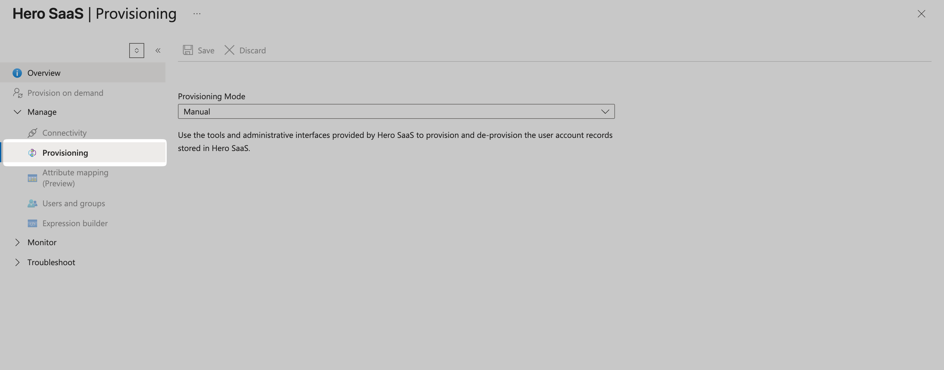 Configuring provisioning for the "Hero SaaS" app.