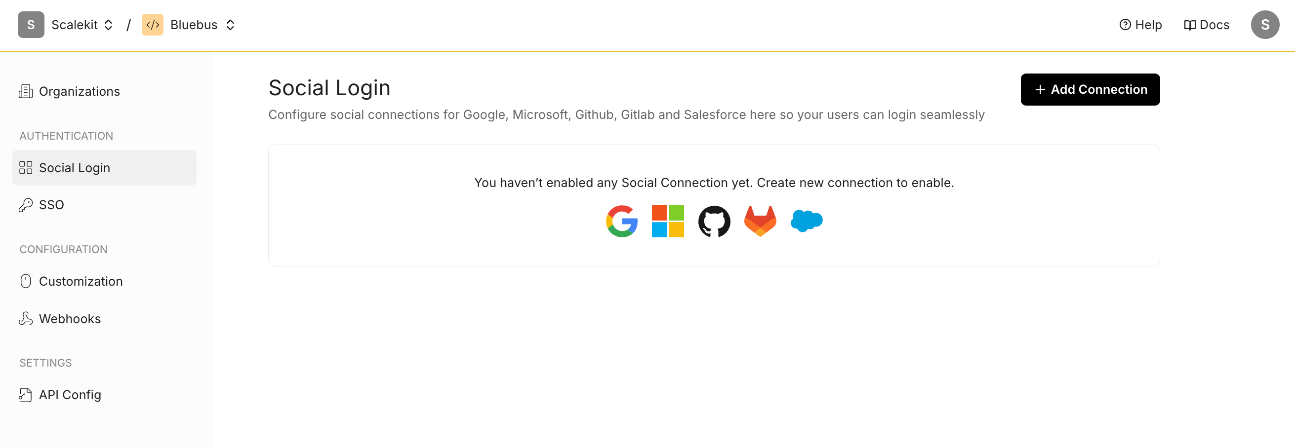 Scalekit dashboard showcasing social login setup with various platform integration options.
