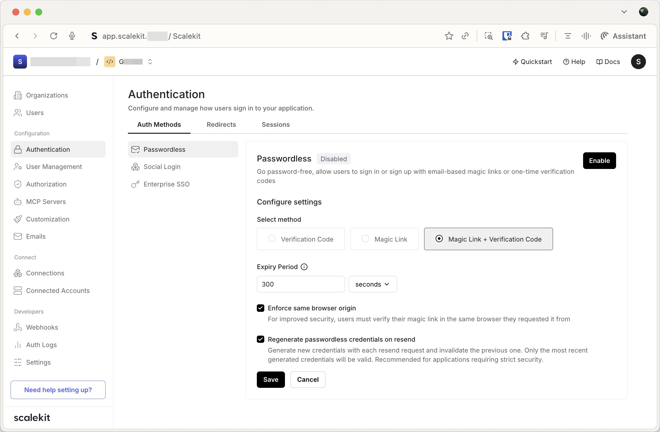 Scalekit dashboard Passwordless settings showing method selection, expiry period, and security options for magic links and OTP