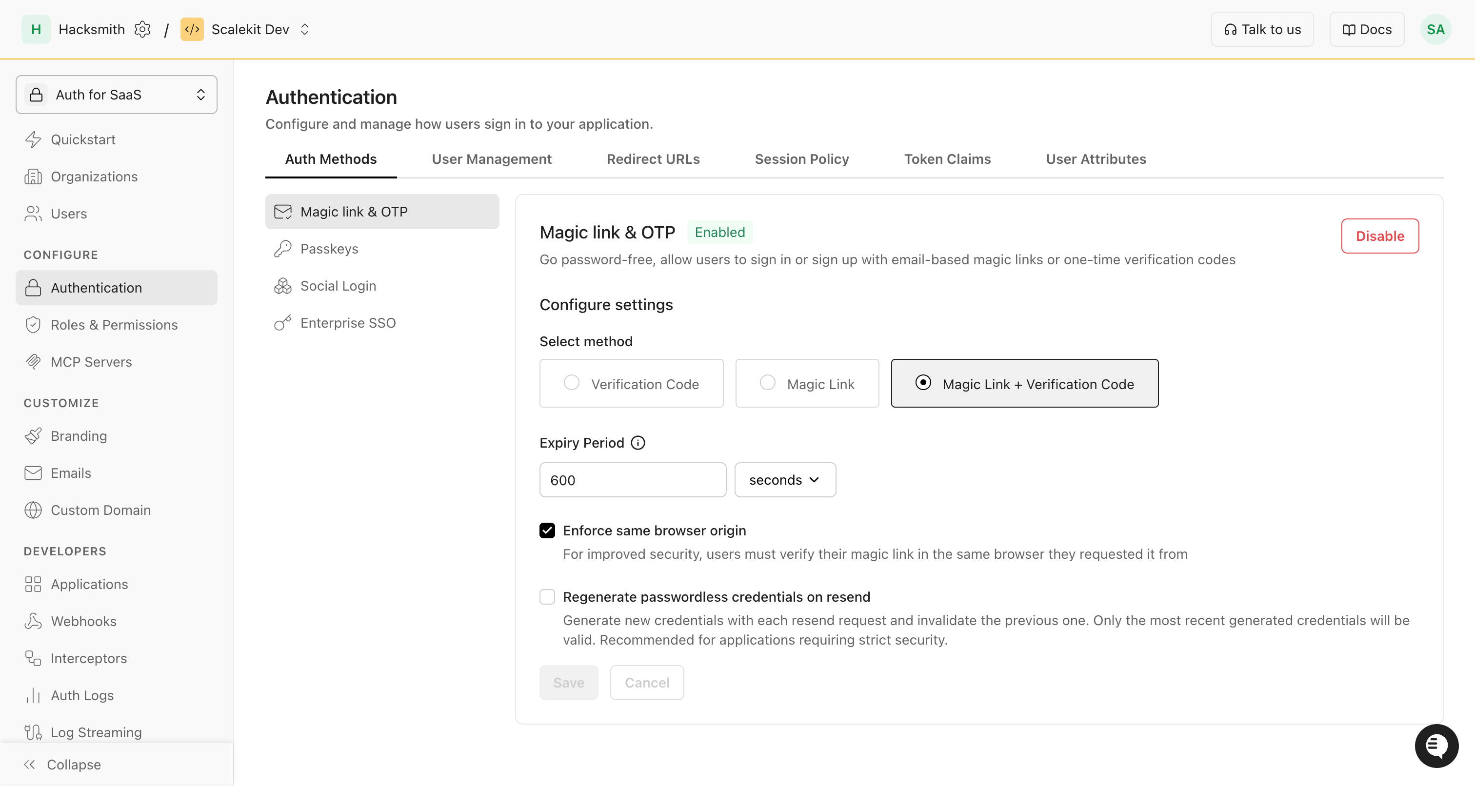 Scalekit dashboard Magic link & OTP settings showing the login method selection and expiry period fields