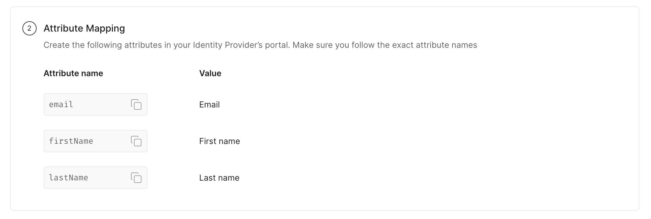Attribute Mapping section in SSO Configuration Portal