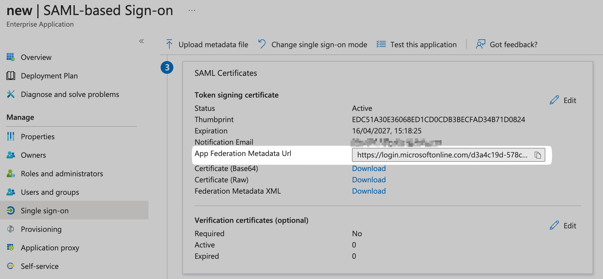 Copy App Federation Metadata URL