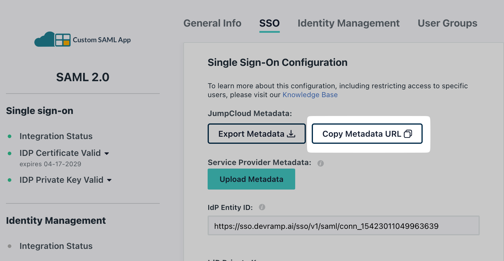 Copy Metadata URL from your JumpCloud portal
