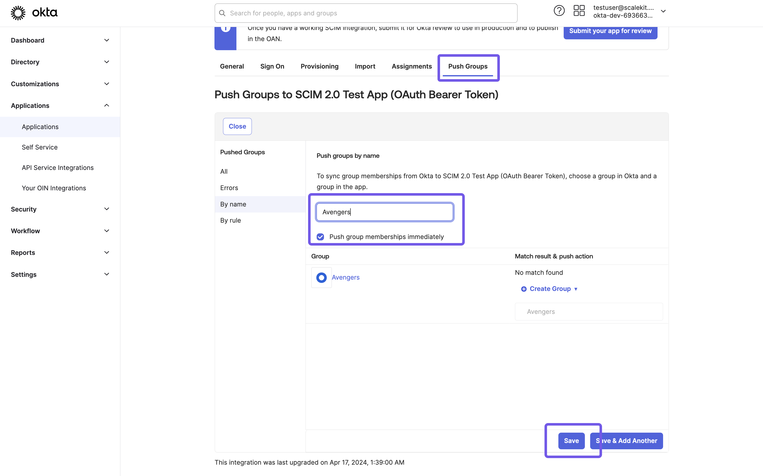 Pushing group memberships to SCIM 2.0 Test App: Configuring the 'Avengers' group in Okta