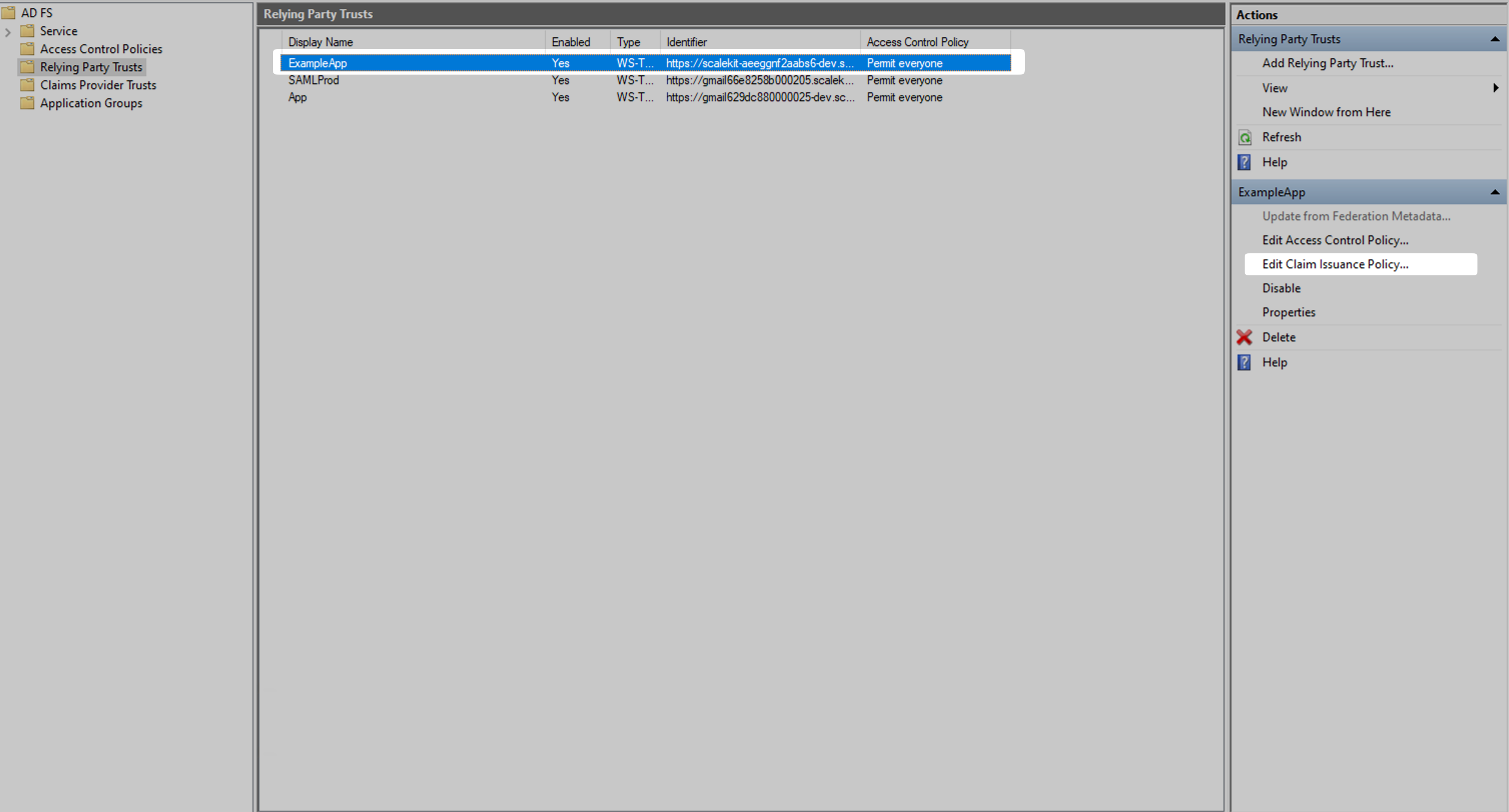 Edit claim issuance policy option for the new relying party trust in AD FS