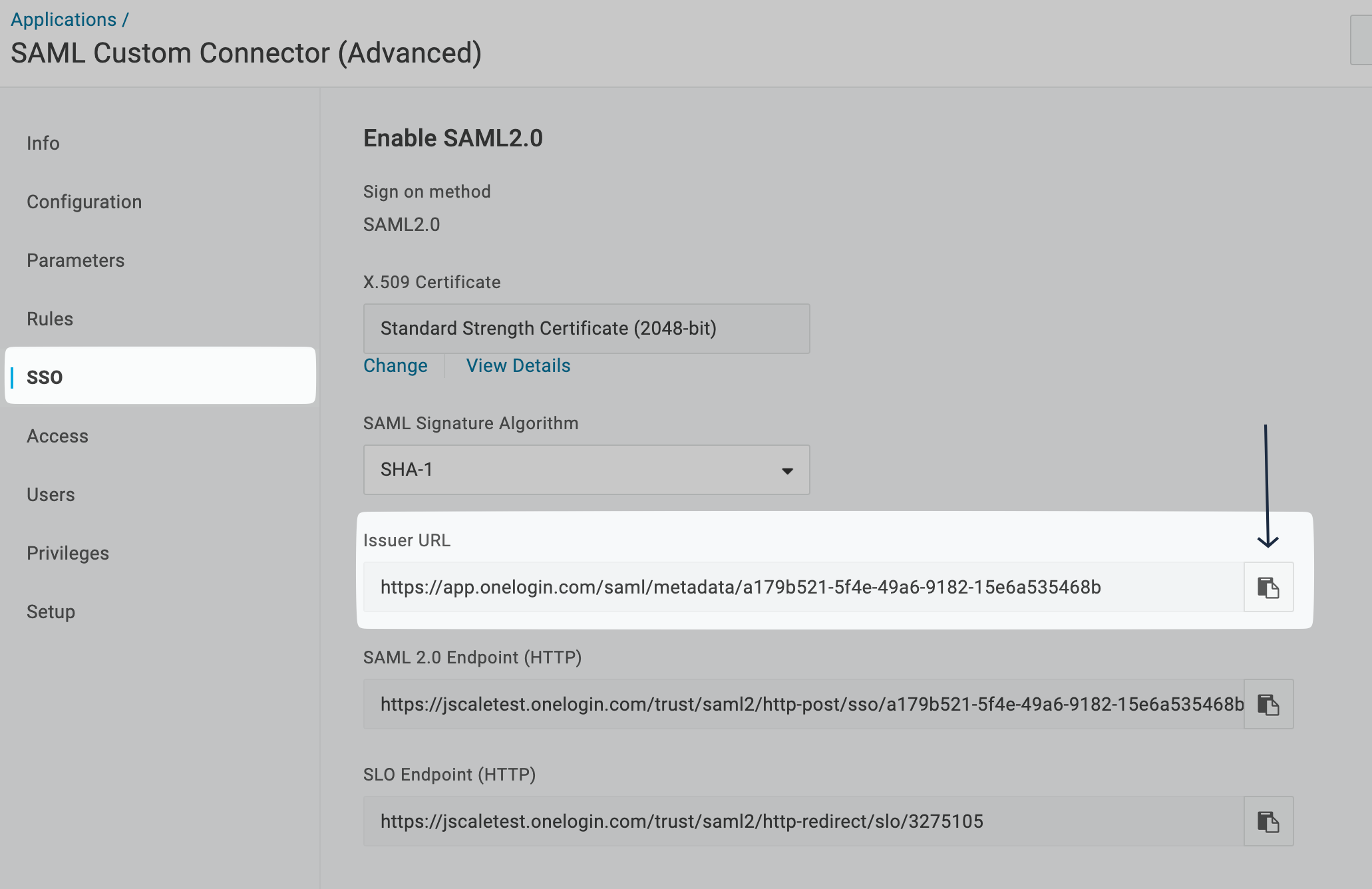 Copy Issuer URL on OneLogin Admin Portal