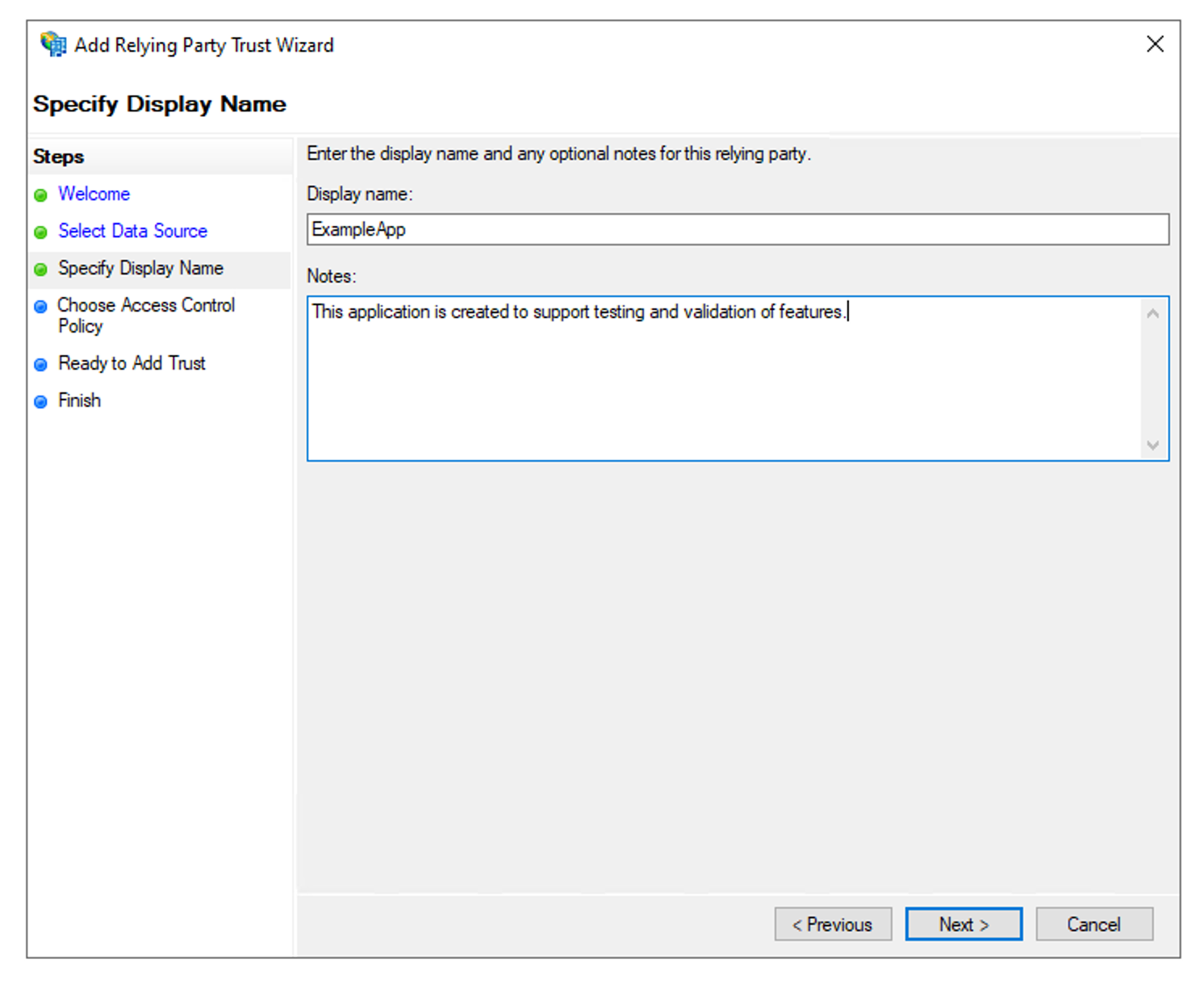 Set display name step in the AD FS relying party trust wizard