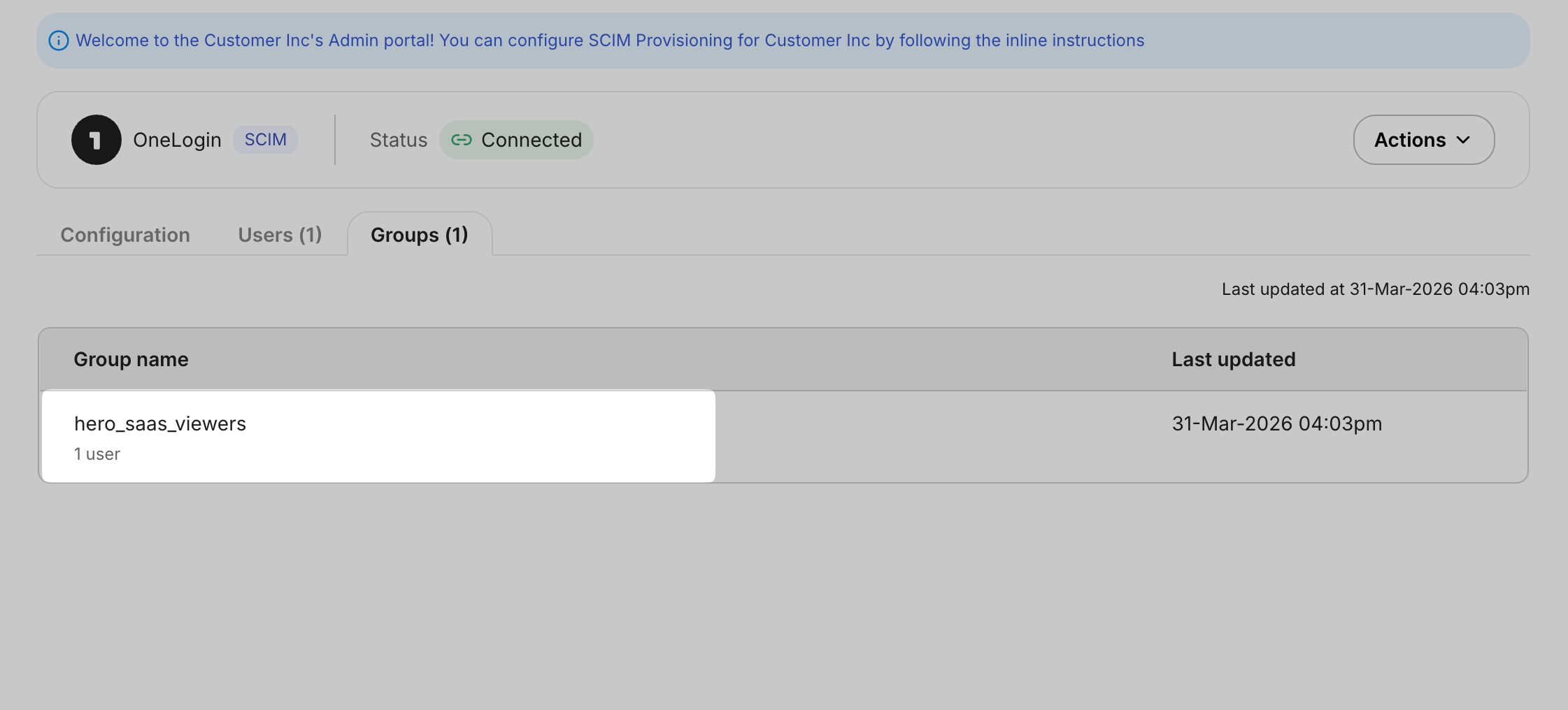 Directory sync status for Your Organization, showing linked groups and user count in OneLogin.