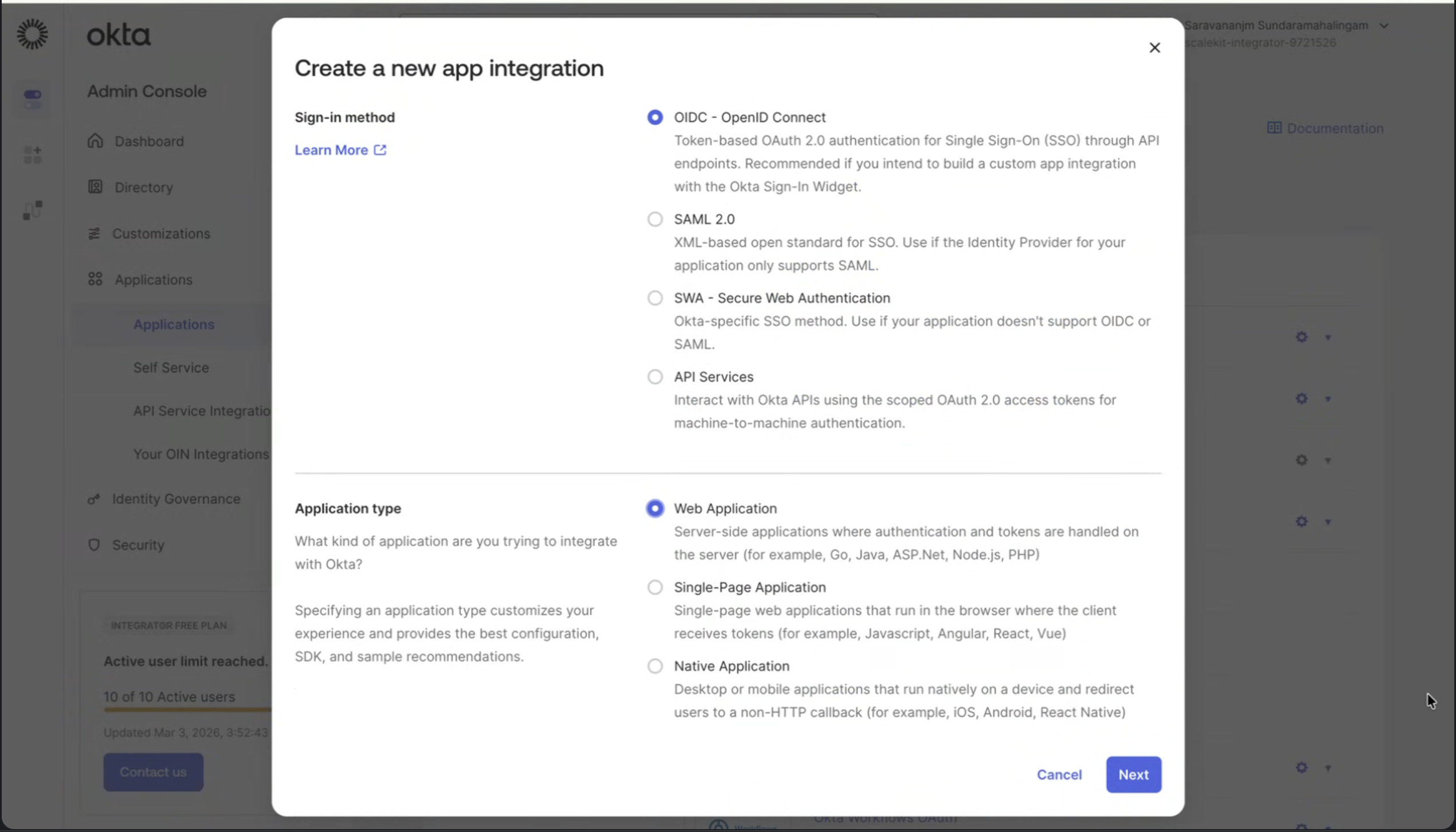 Select OIDC web application in Okta