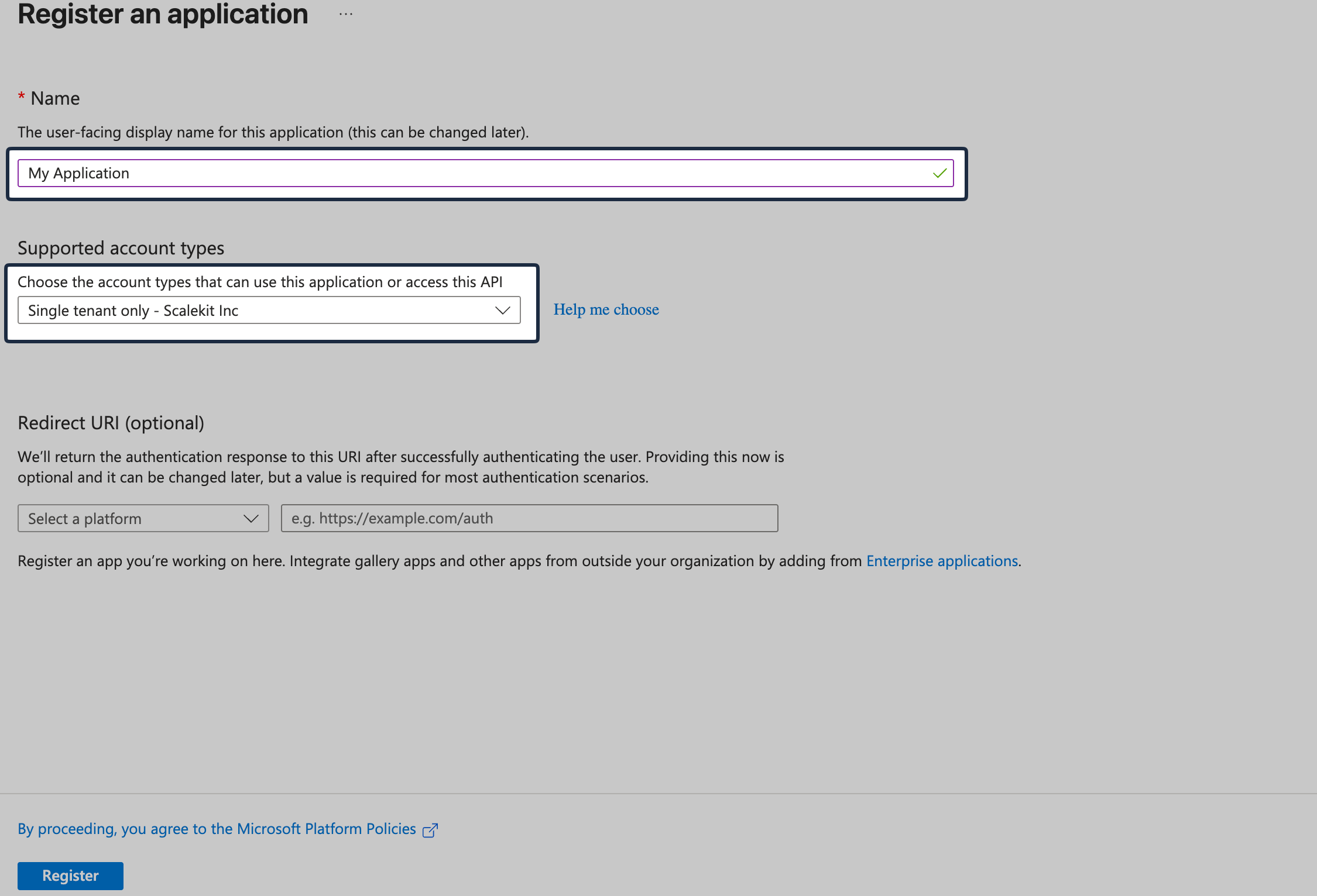 Application registration form showing app name and single-tenant account type