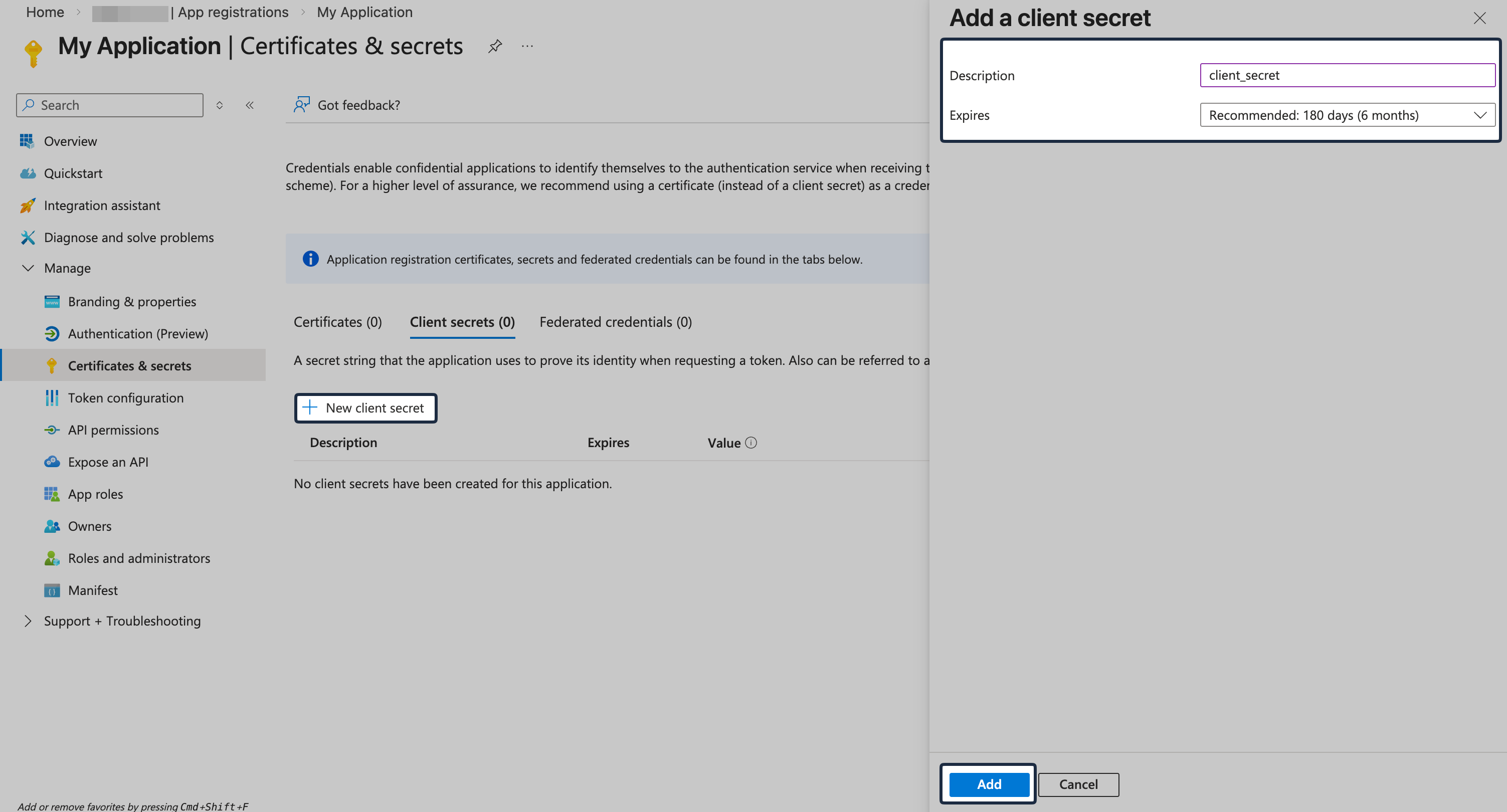 Certificates and secrets page with New client secret action