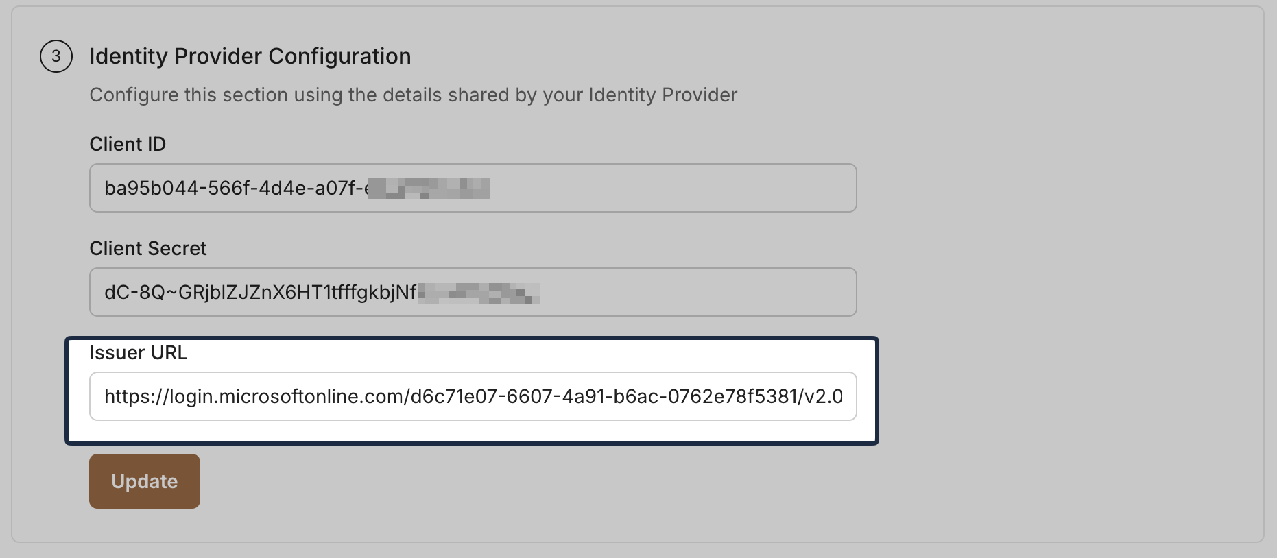 SSO Configuration Portal Issuer URL field populated with metadata URL
