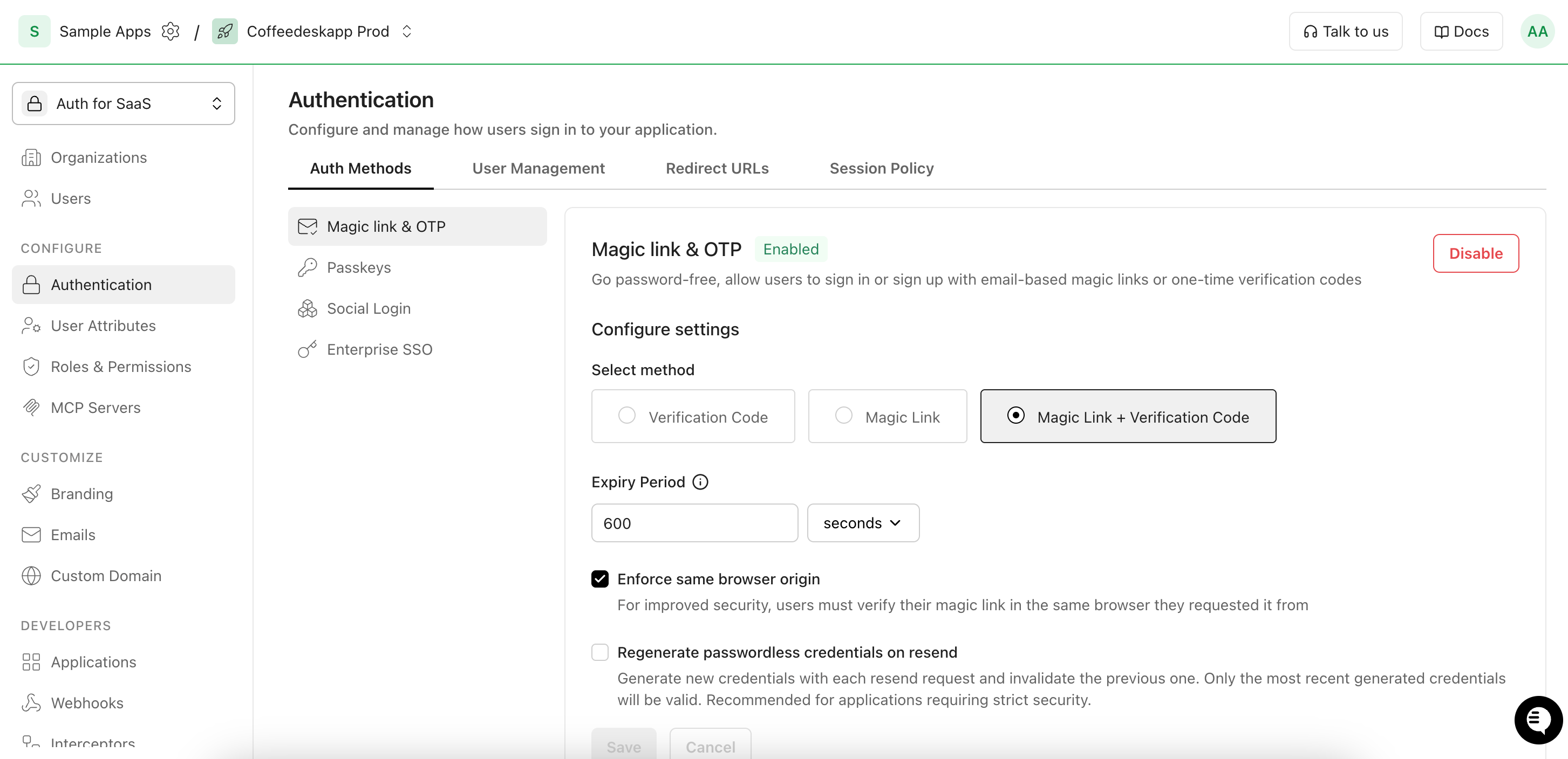 Magic link/OTP configuration