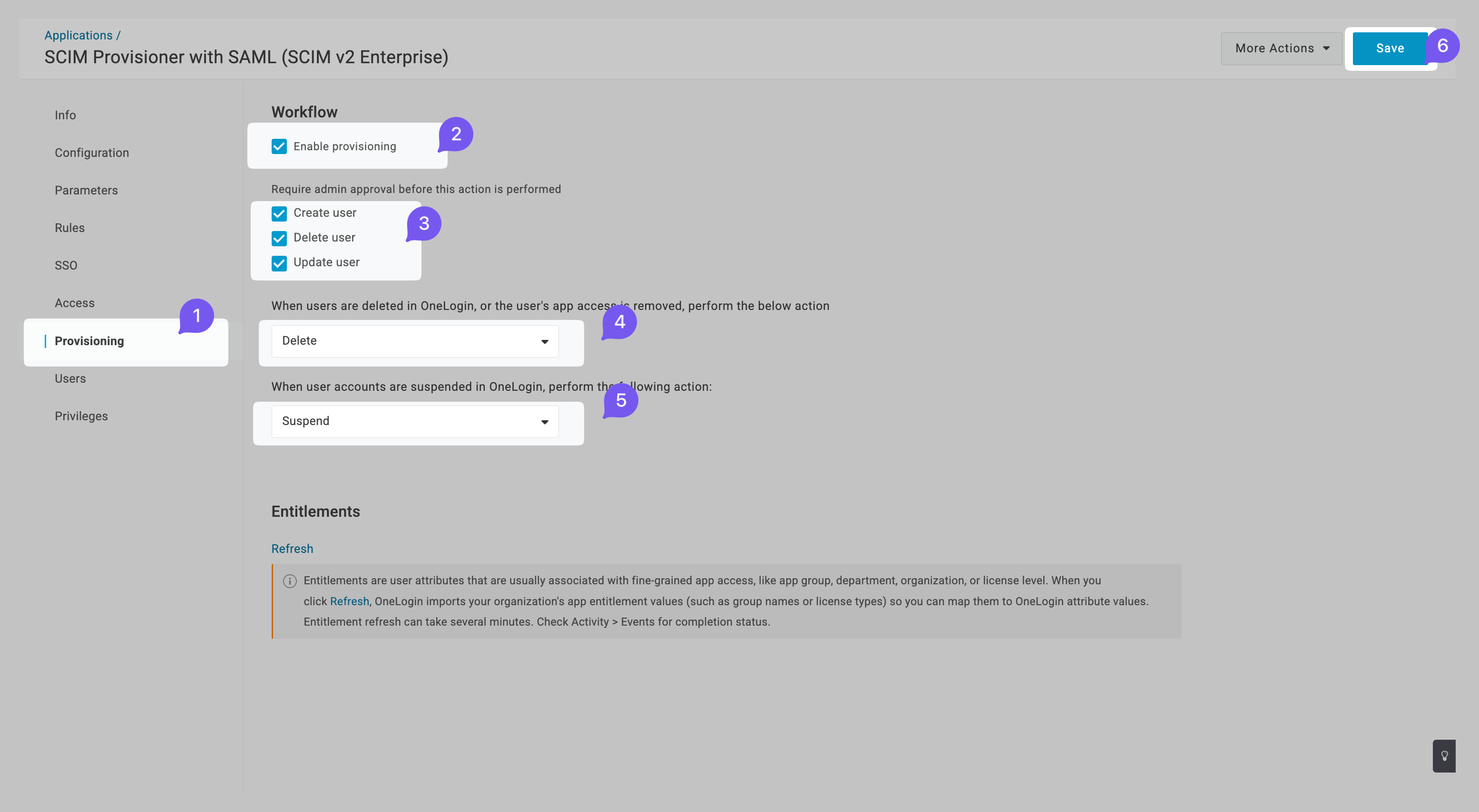 Setting up provisioning workflow for SCIM Provisioner with SAML in OneLogin, including options for user creation, deletion, and suspension actions.