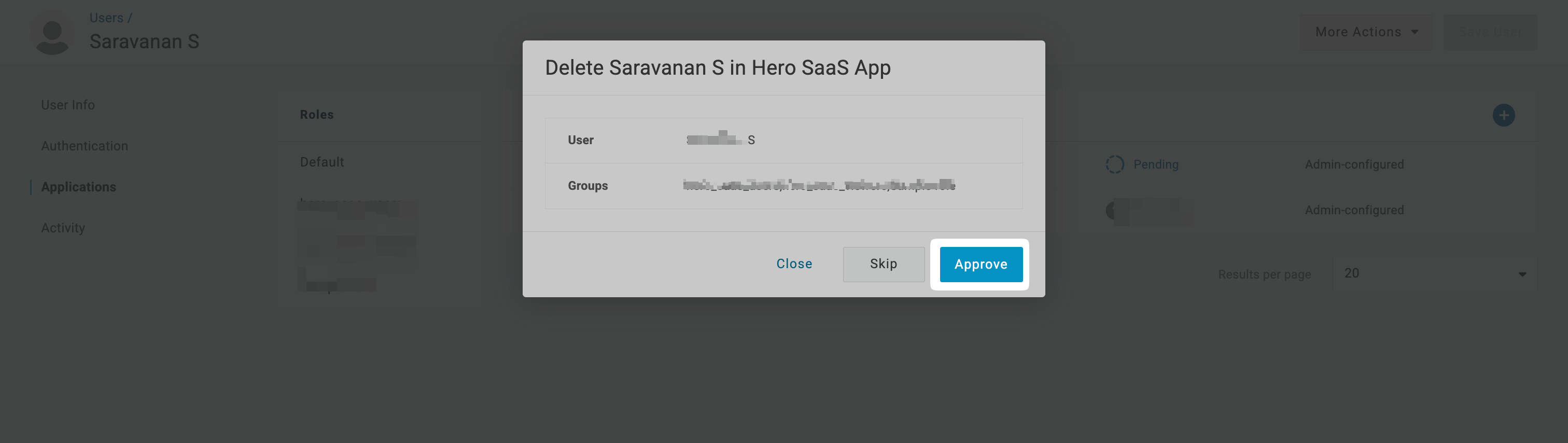 OneLogin user provisioning dialog for creating Kitty Flake in Hero SaaS App, with options to approve or skip the action.