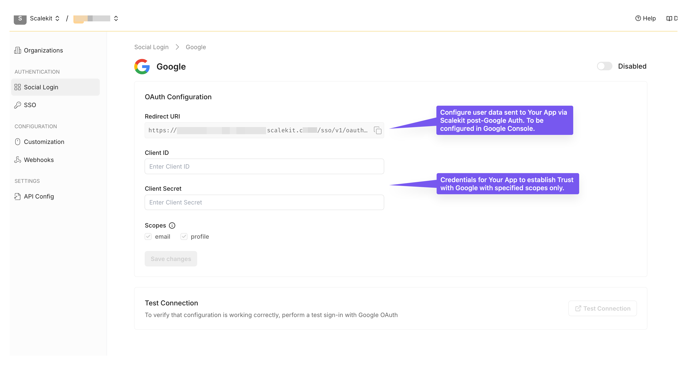 Google OAuth configuration in Scalekit, showing redirect URI, client credentials, and scopes for social login setup.