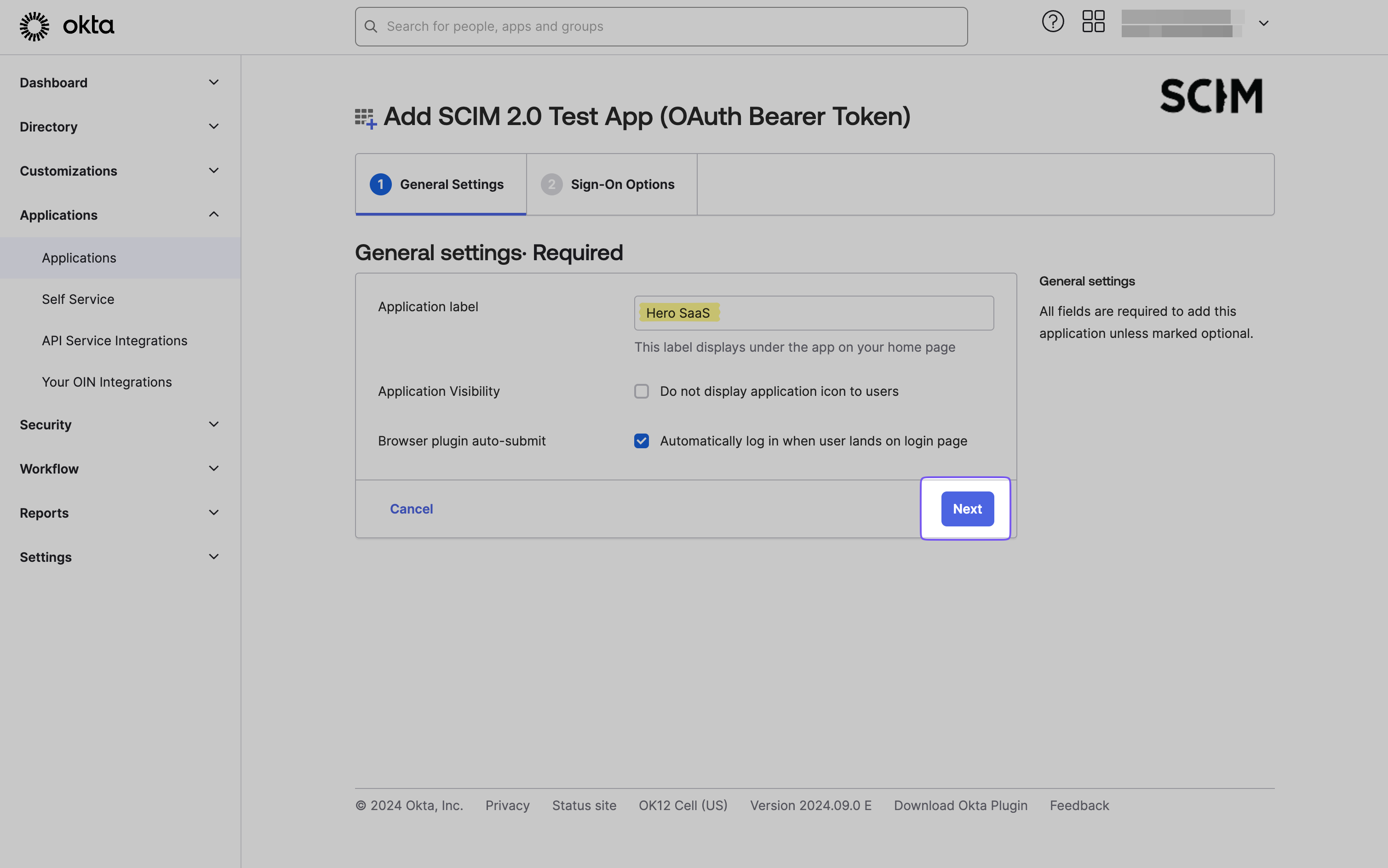Naming the app 'Hero SaaS' during SCIM 2.0 Test App integration in Okta.