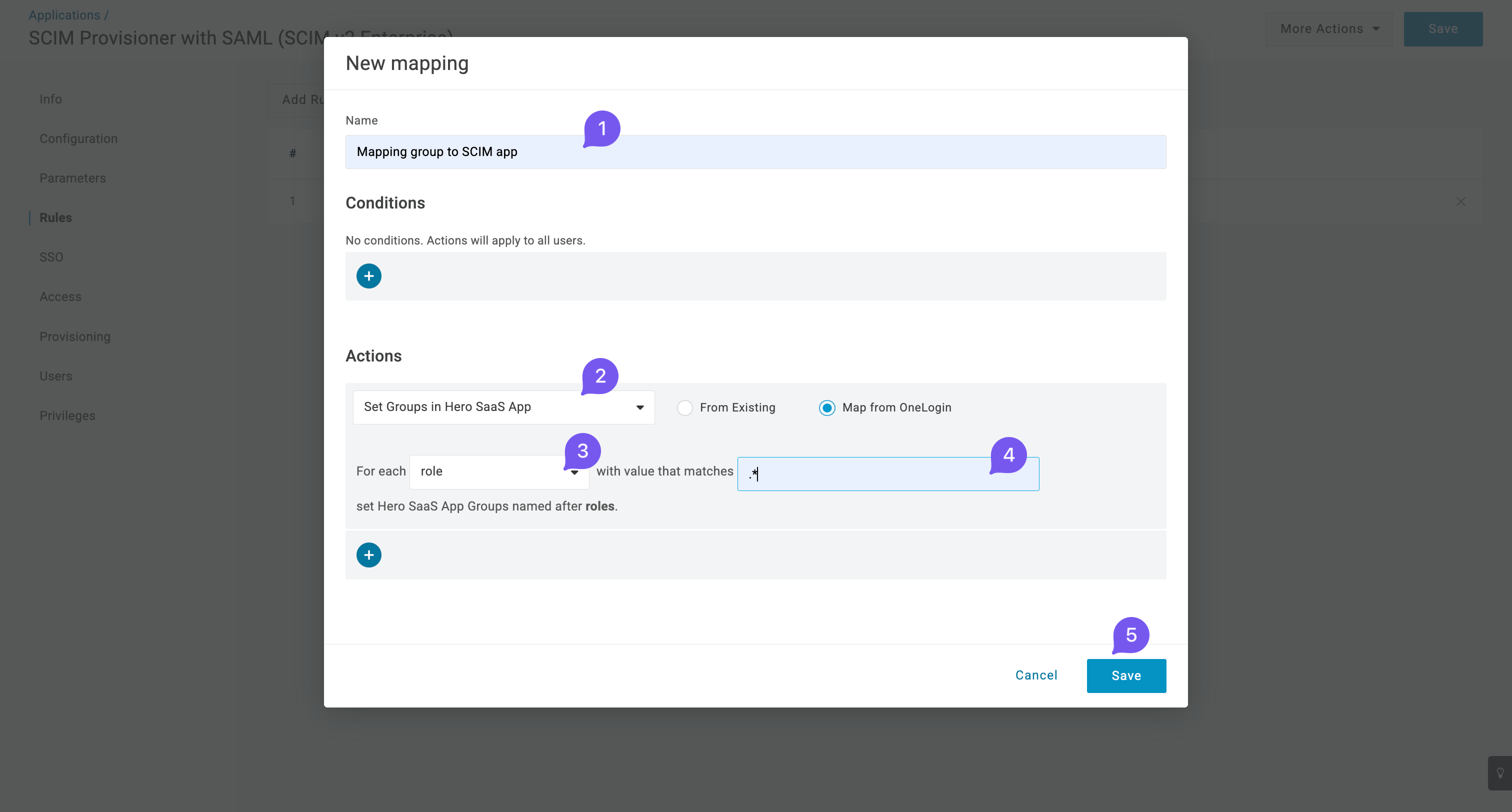 Configuring a new mapping for group assignment in the Hero SaaS App using OneLogin.