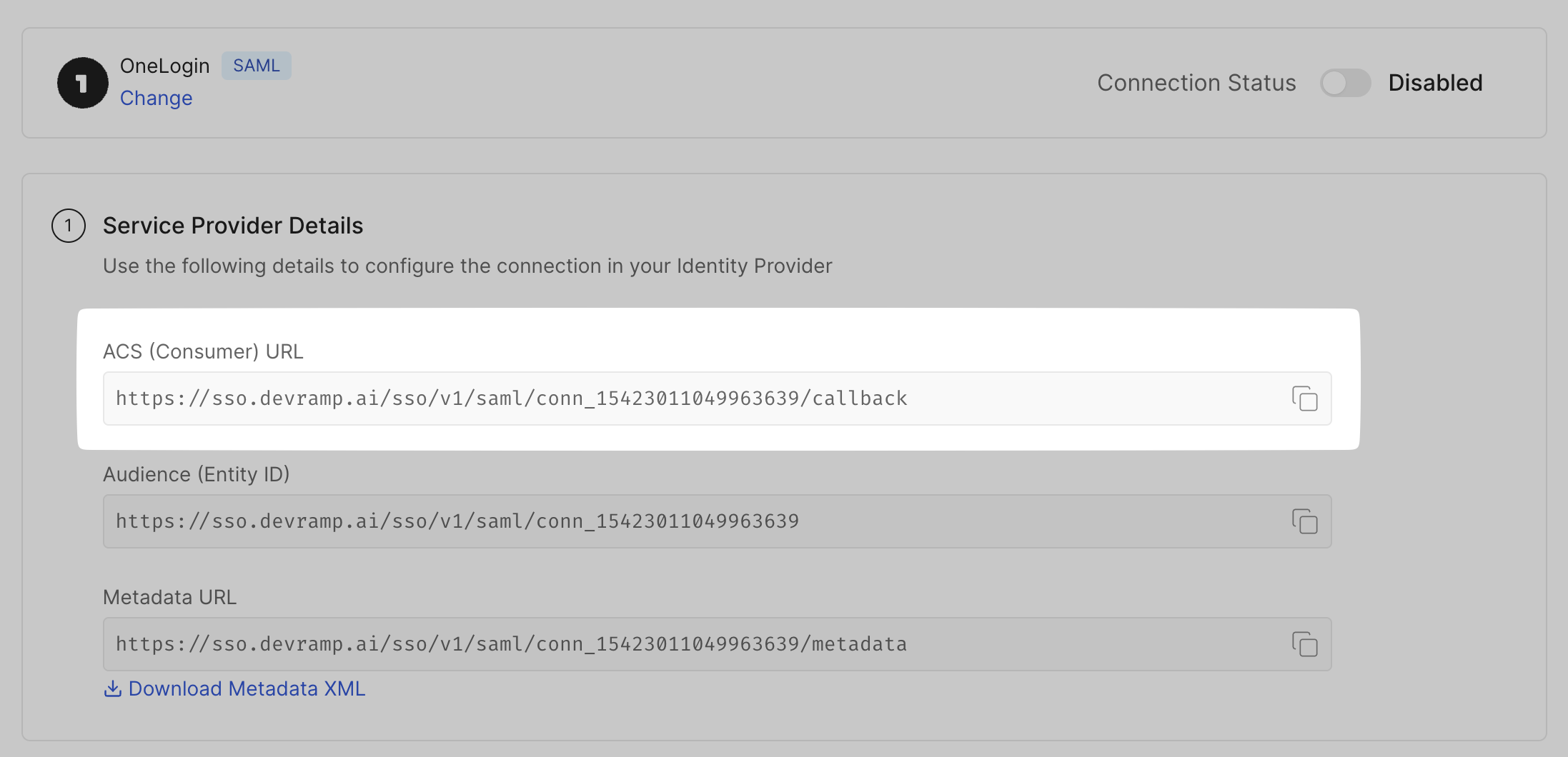 Copy ACS (Consumer) URL on SSO Configuration Portal