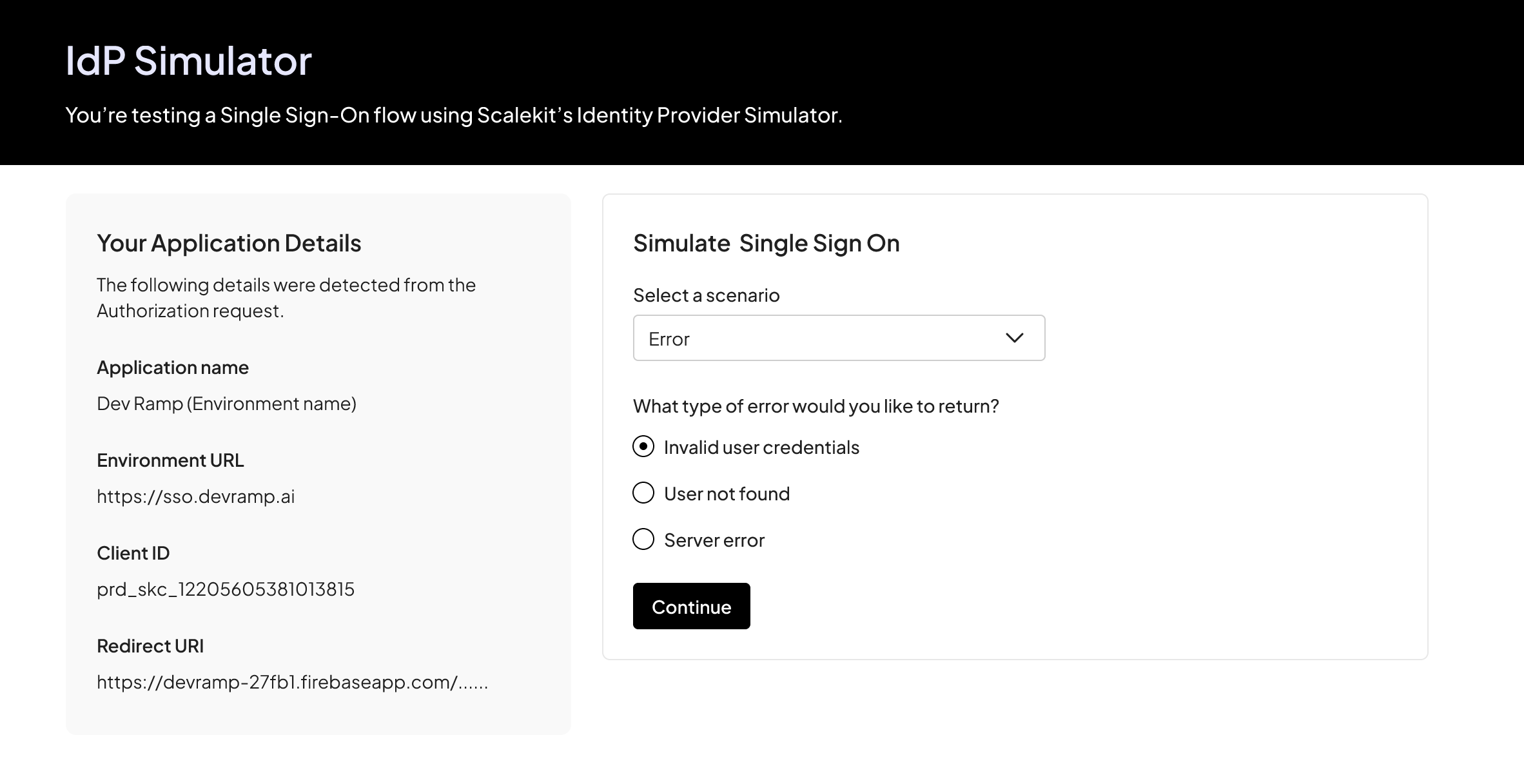 Error scenario in IdP Simulator