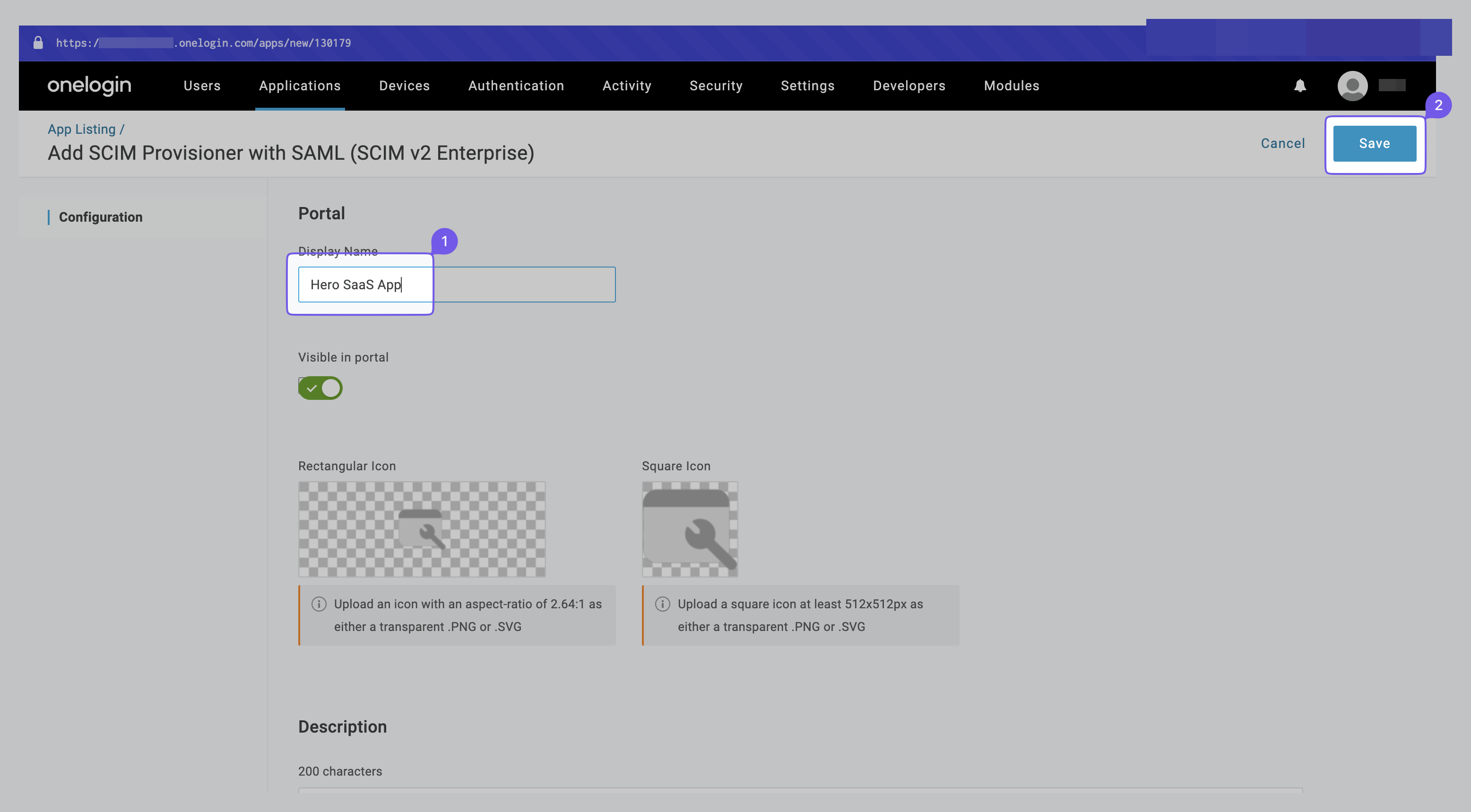 Configuring the portal settings for the application in OneLogin, including display name and icon options.