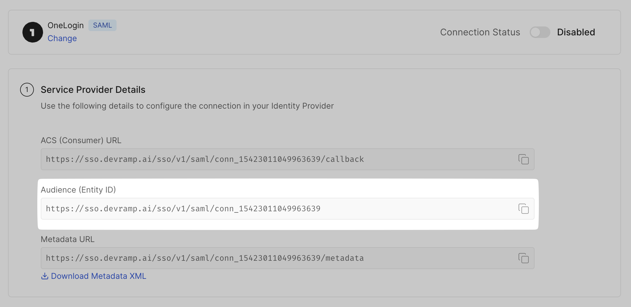 Copy Audience (Entity ID) on SSO Configuration Portal