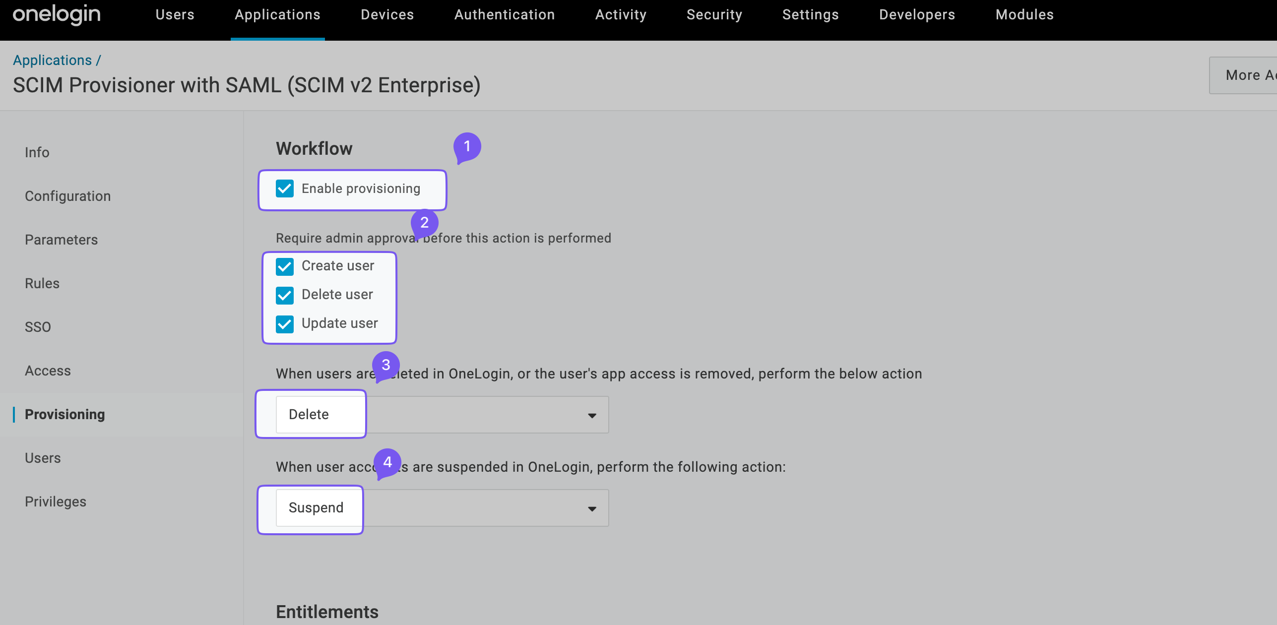 Setting up provisioning workflow for SCIM Provisioner with SAML in OneLogin, including options for user creation, deletion, and suspension actions.