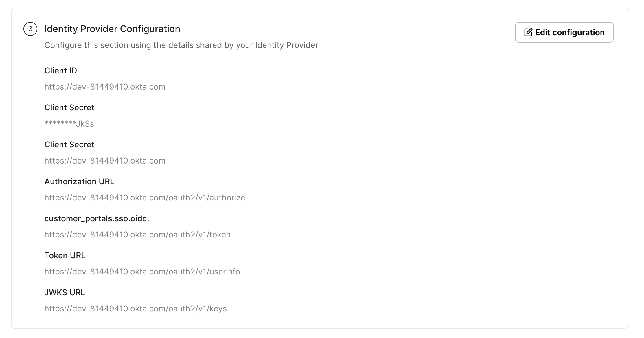 Completed view of IdP configuration on the SSO Configuration Portal