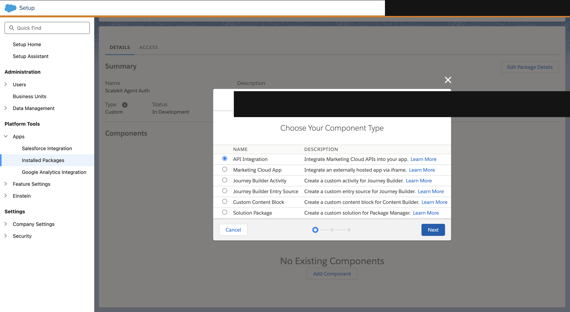 Add Component dialog with API Integration selected as the component type