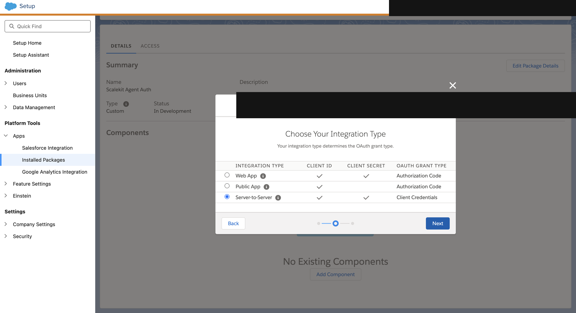 Add Component dialog with Server-to-Server selected as the integration type