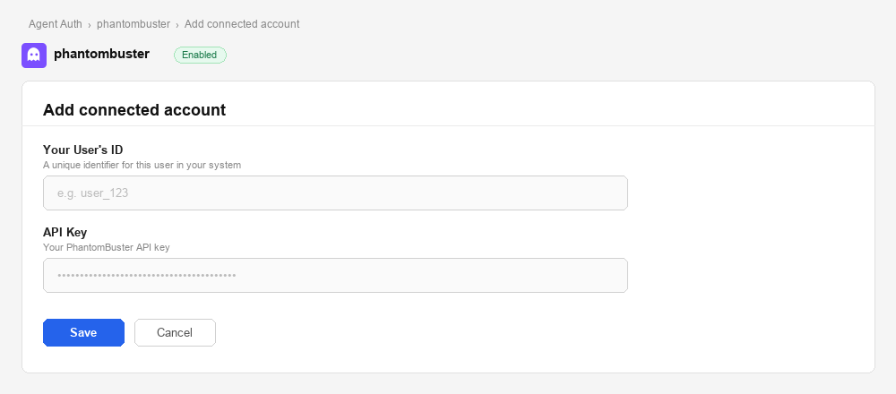 Add connected account form for PhantomBuster in Scalekit dashboard showing User ID and API Key fields