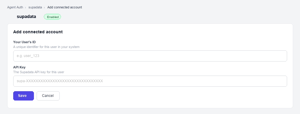 Add connected account form for Supadata in Scalekit dashboard showing User ID and API Key fields