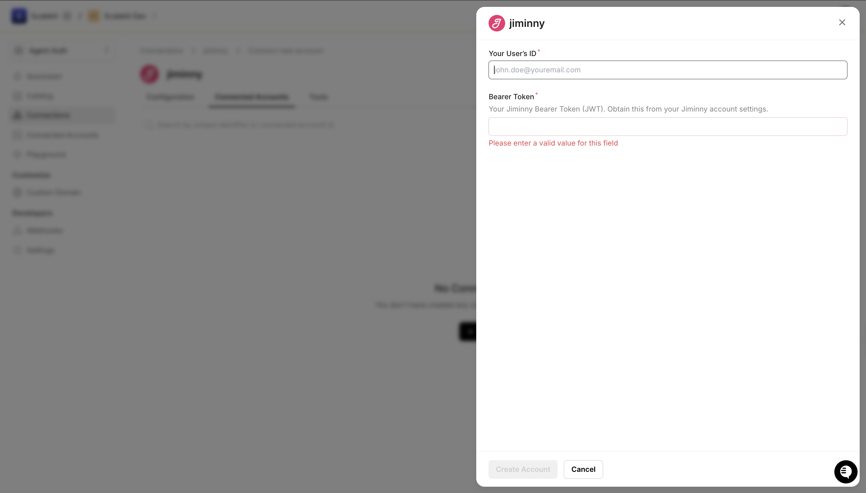 Add connected account modal with Your User's ID and Bearer Token fields