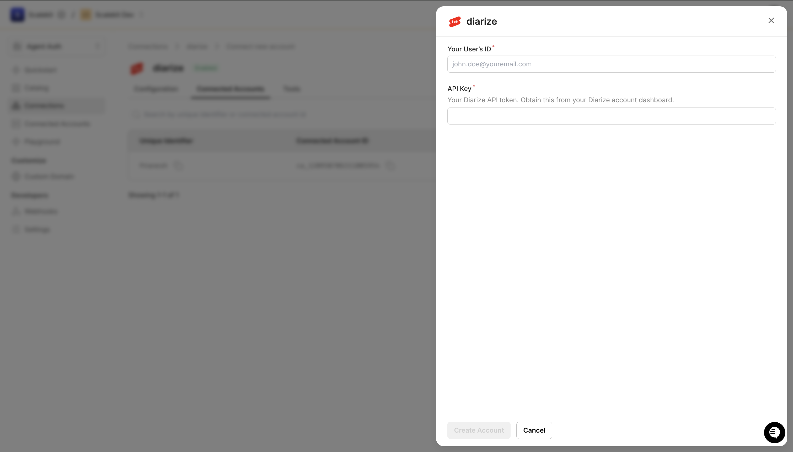 Add connected account form for Diarize in Scalekit dashboard showing User ID and API Key fields
