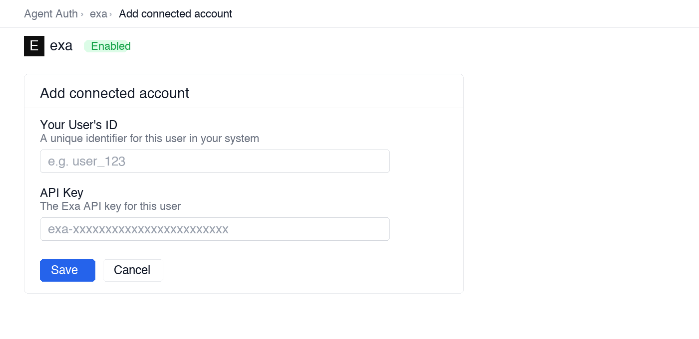 Add connected account form for Exa in Scalekit dashboard