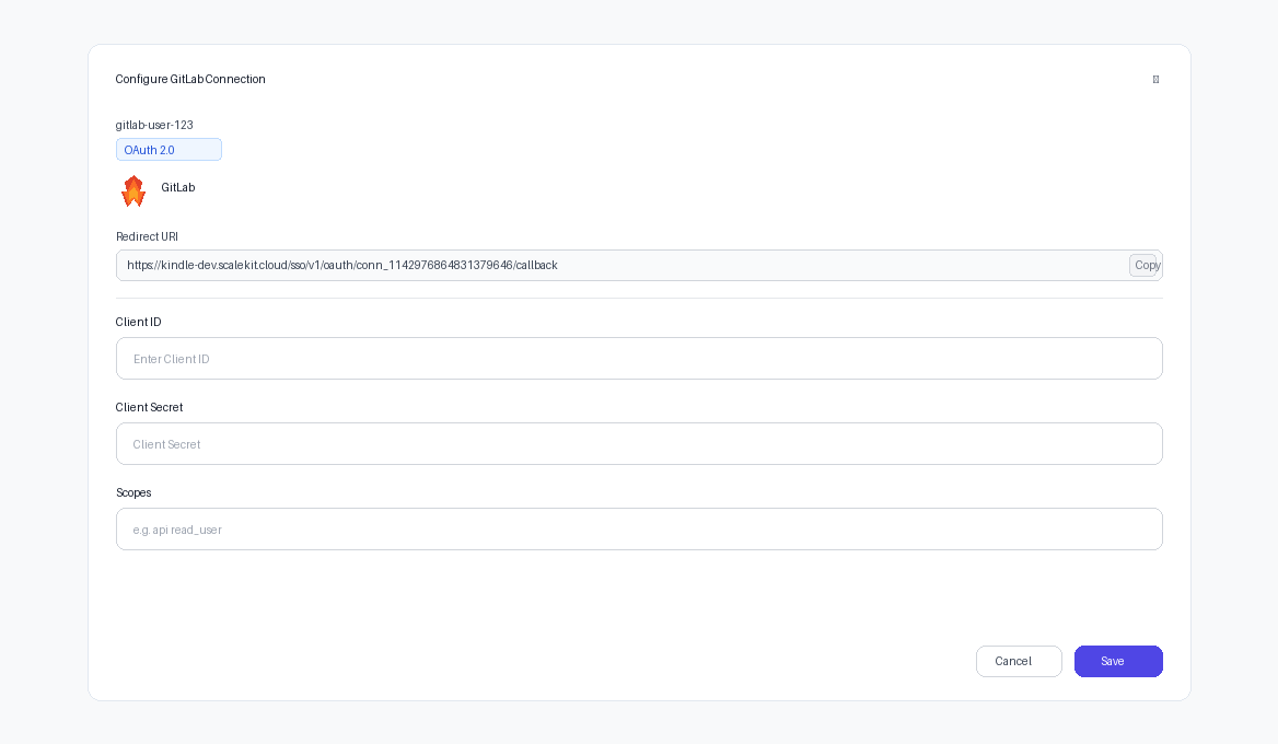 Add GitLab credentials in Scalekit dashboard