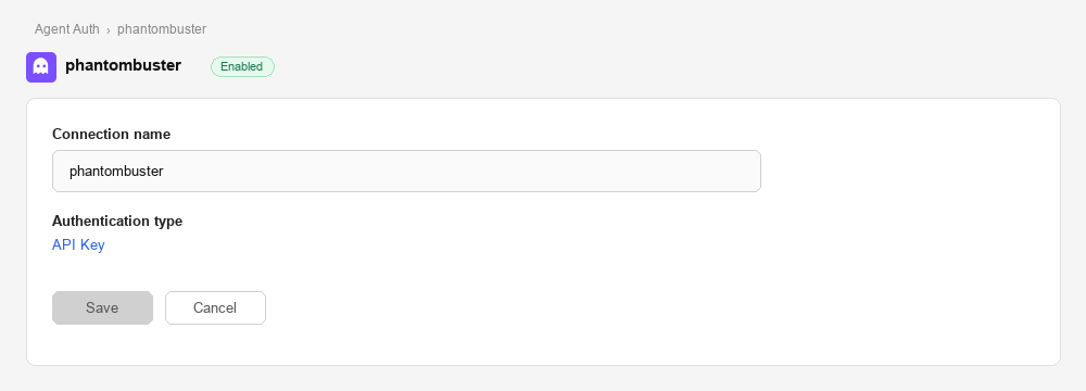 Scalekit connection configuration page for PhantomBuster showing the connection name and API Key authentication type