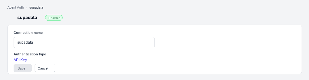Scalekit connection configuration page for Supadata showing the connection name and API Key authentication type
