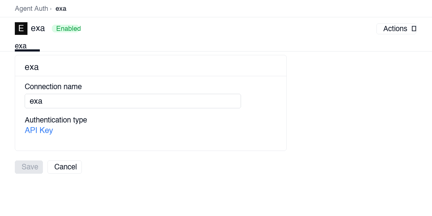 Scalekit connection configuration for Exa showing the connection name and API Key authentication type