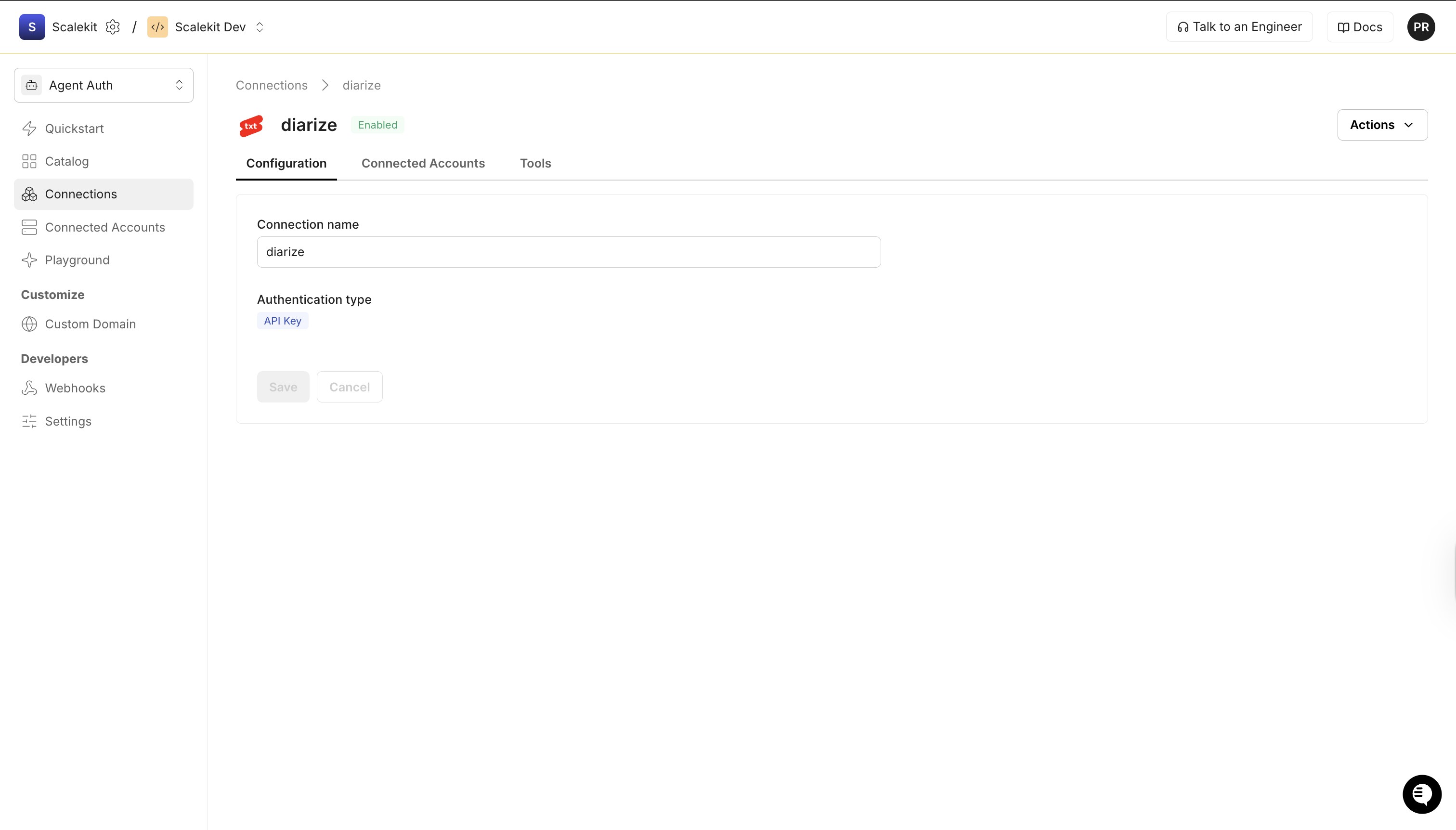 Scalekit connection configuration for Diarize showing the connection name and API Key authentication type