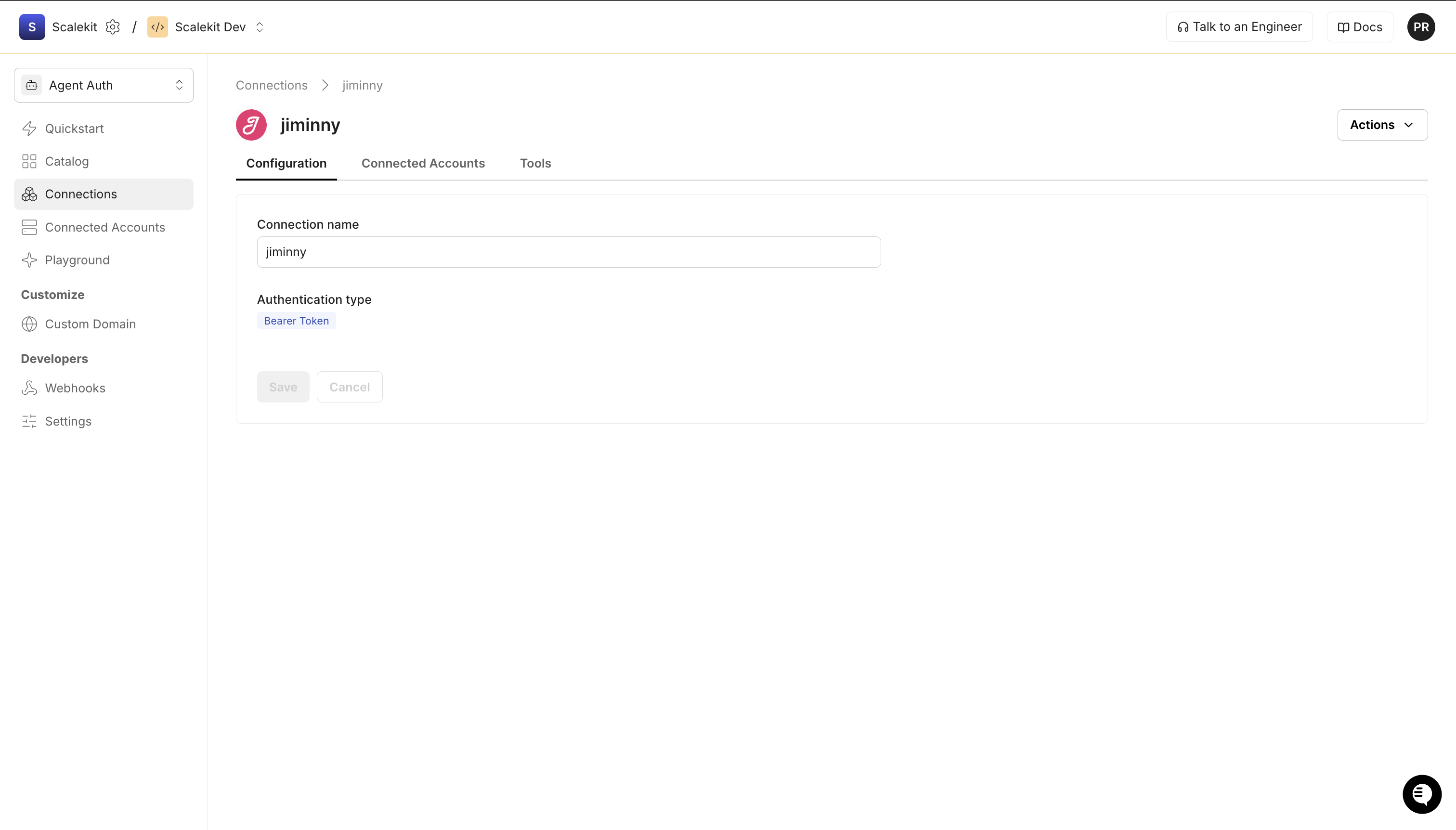 Jiminny connection configuration in Scalekit dashboard showing connection name and Bearer Token auth type