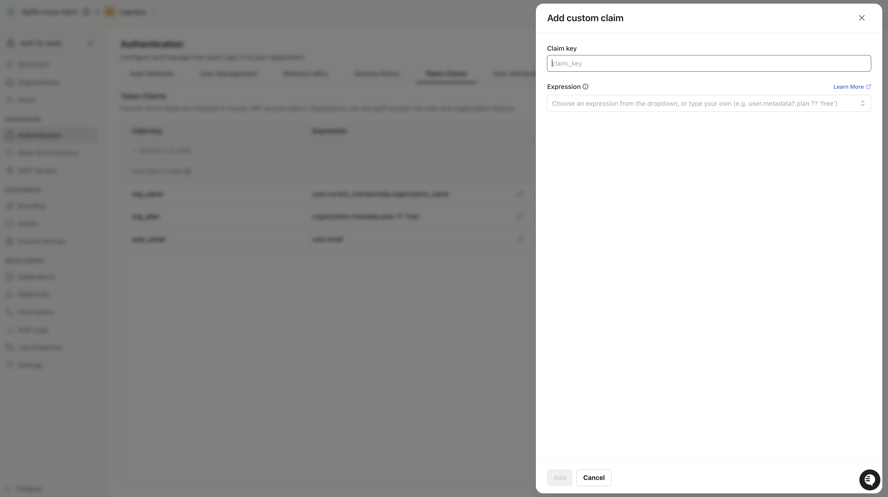 Add custom claim panel with a claim key field and an expression field.
