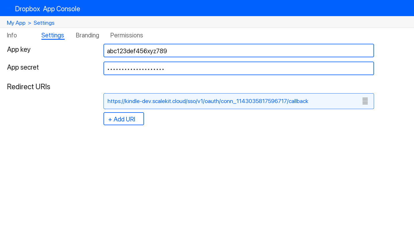 Add redirect URI in Dropbox App Console