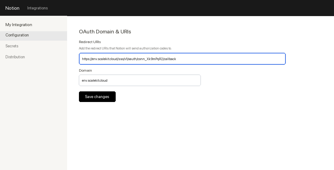 Add redirect URI in Notion integration settings